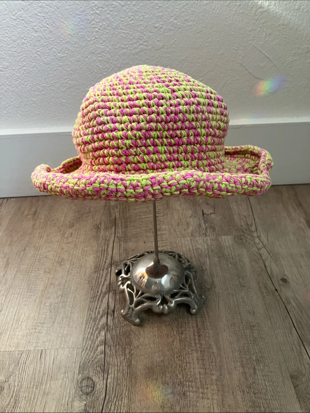 Handmade knit hat women's/kids. Pink and lime green